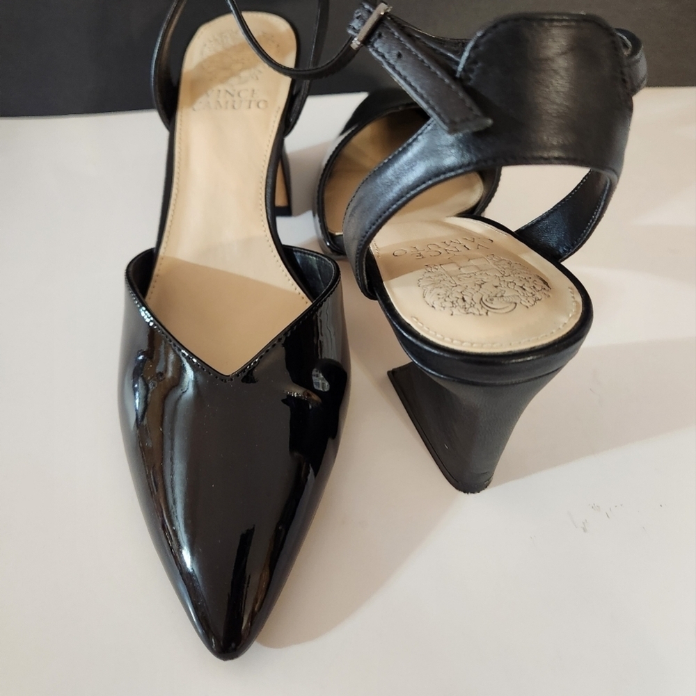 Vince Camuto Black Slingback Heels with Ankle Closure Patent Faux Leather - Picture 12 of 12